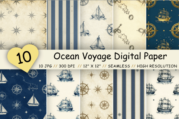 Download Ocean Voyage Digital Paper Pack, Sailing - Digital paper Collection