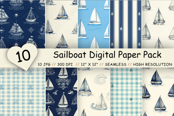 Download Sailboat Digital Paper Pack, Coastal - Digital paper Collection