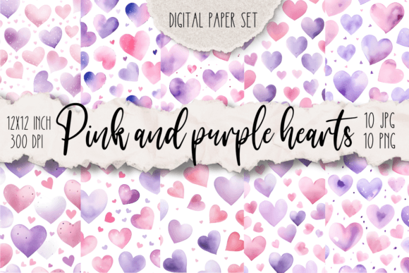 Download Pink and Purple Hearts Digital Paper Set - Digital paper Collection