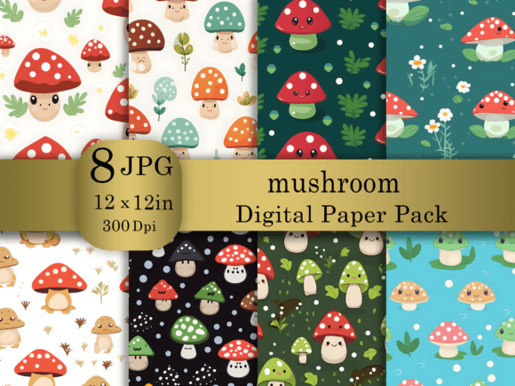 Download Cartoon Mushroom Digital Paper Pack - Digital paper Collection