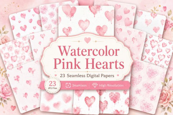 Download Watercolor Pink Hearts Digital Paper - Digital paper Collection
