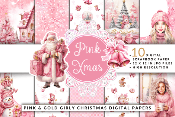 Download Girly Pink Christmas Digital Paper Pack - Digital paper Collection