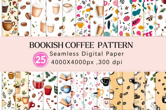 Download Bookish Coffee Digital Paper – 25 Cozy - Digital paper Collection