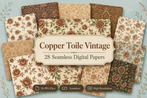 Download Copper Toile Digital Paper Pack, Vintage - Digital paper Collection