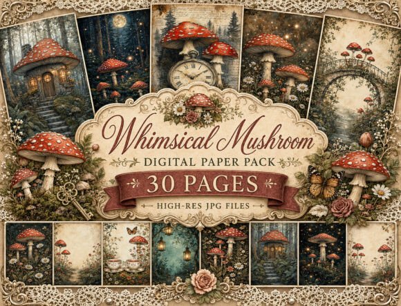 Download Whimsical Mushroom Digital Paper - Digital paper Collection