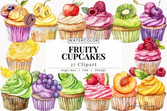 Download Watercolor Fruity Cupcake Clipart - Cupcake Collection