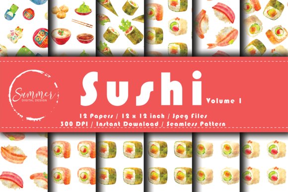 Download Sushi Watercolor Scrapbook Digital Paper - Digital paper Collection