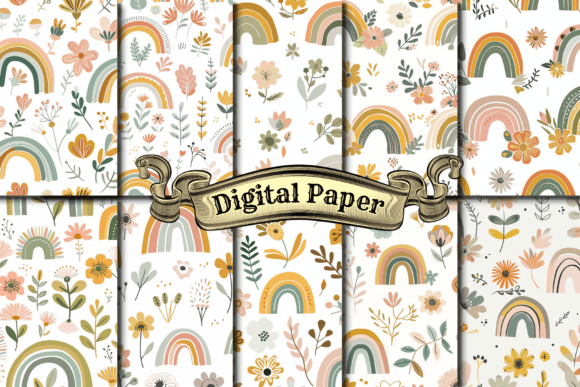 Download Boho Floral Rainbows Digital Paper - Digital paper Collection