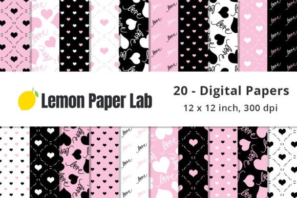 Download Light Pink &amp; Black Hearts Digital Paper - Digital paper Collection